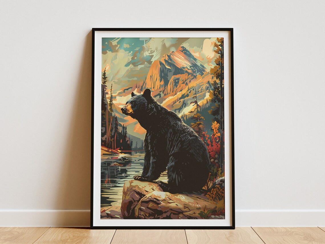 Black Bear Mountain Lake Wildlife Vintage Rustic Cabin Art Print