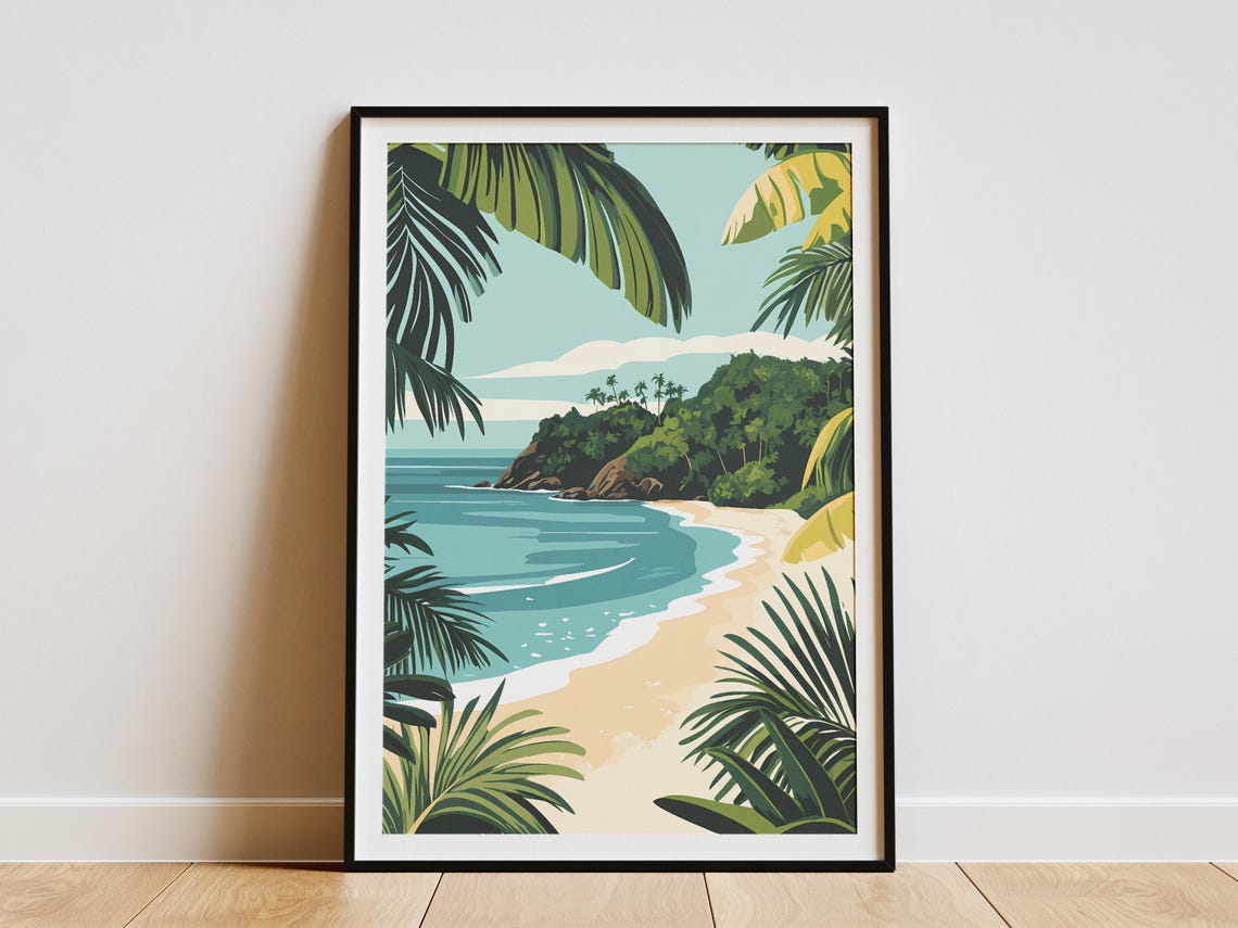 Tropical Cove Beach Palm Fronds Rocky Headland Summer Poster