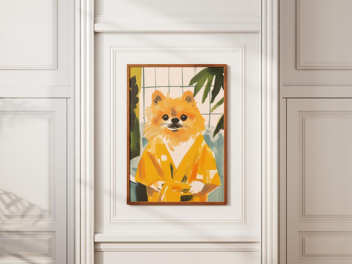 Fluffy Pomeranian in Golden Yellow Robe Cheery Bathroom Art Poster - Image 2