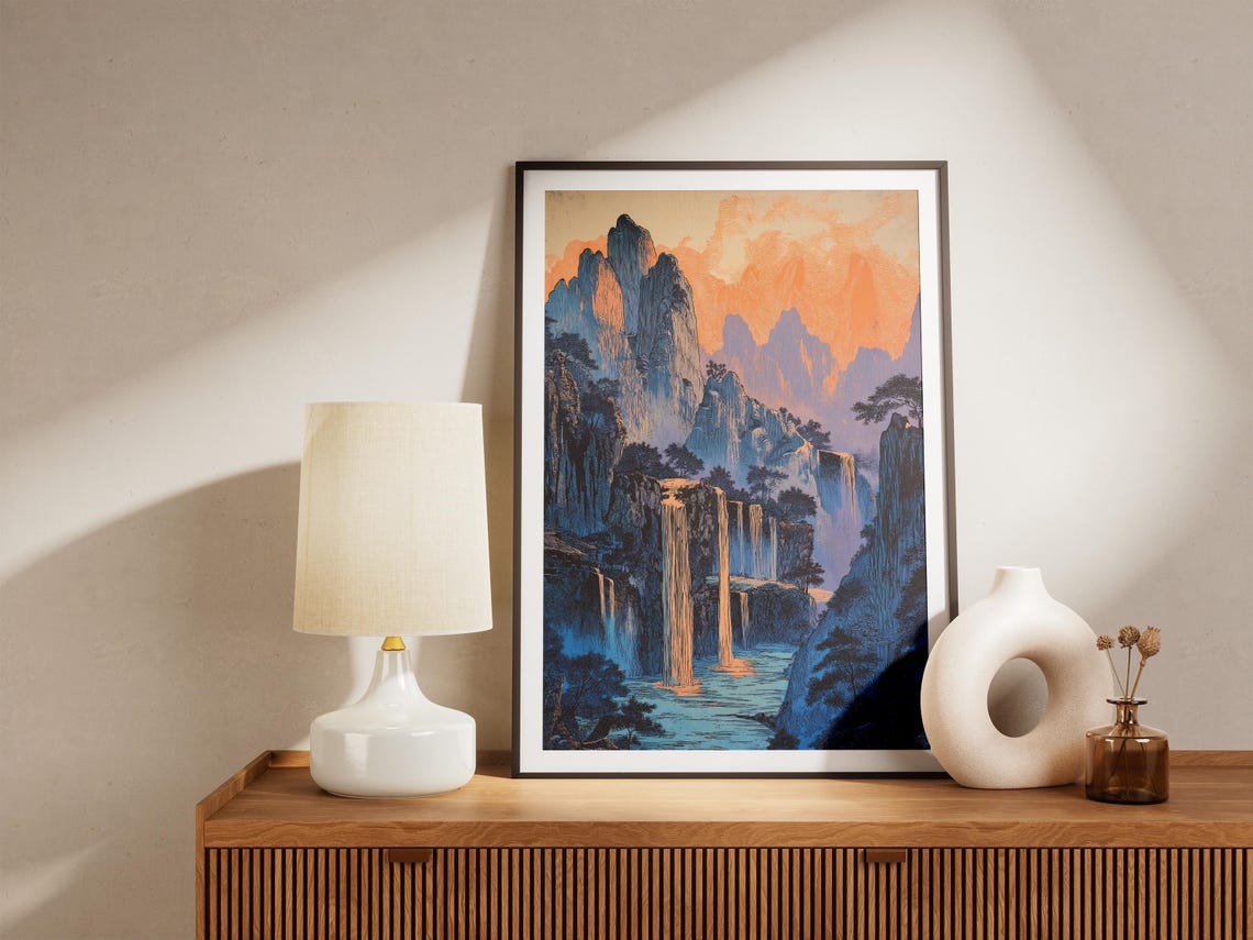 Sunset Waterfalls and Jagged Mountain Peaks Japanese Art Poster - Image 5