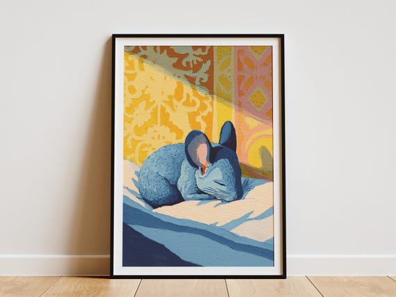 Whimsical Chinchilla Sleeping In Bed Matisse Style Art Print Abstract Blue Pet Wall Decor Cozy Bedroom Poster Housewarming Gift For Animal