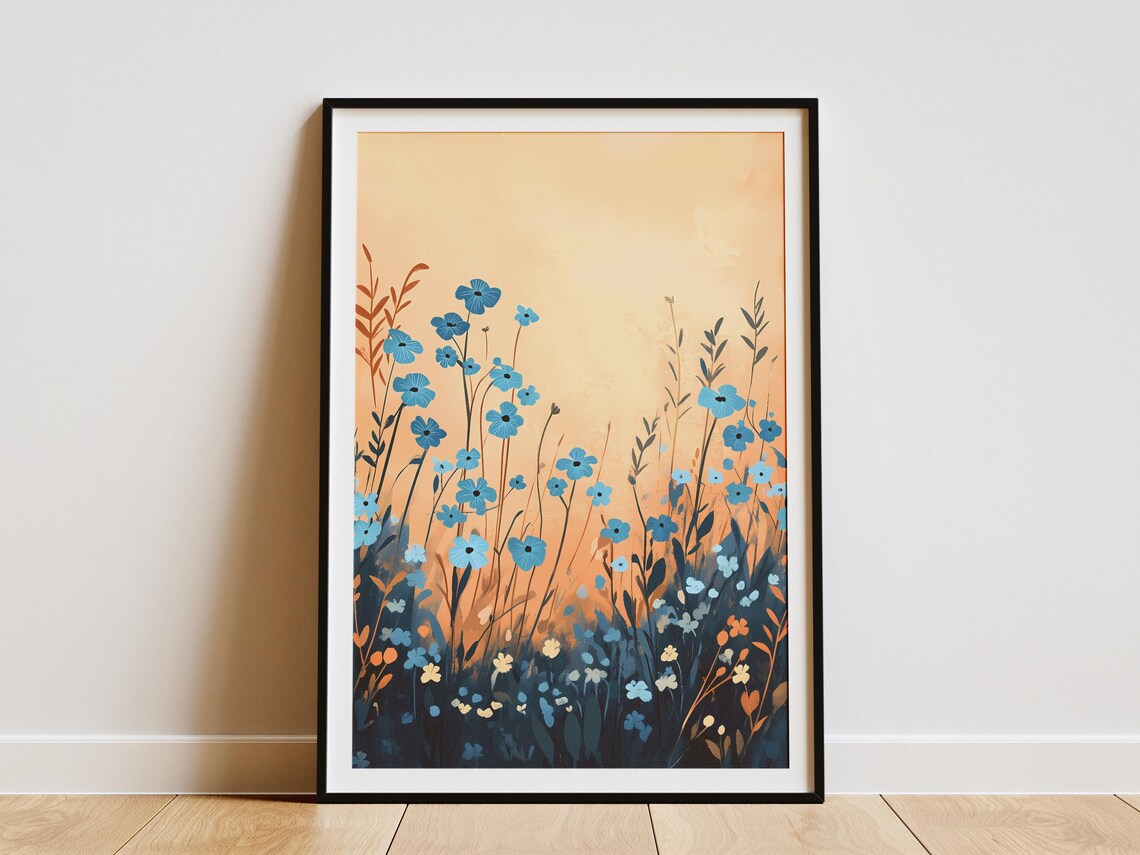 Blue Wildflowers in a Golden Sunset Meadow Illustration Poster