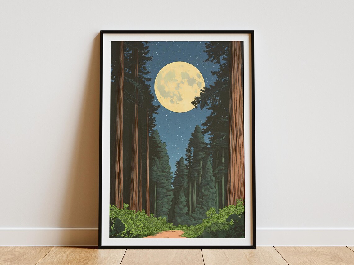 Redwood National Park Tall Tree Trunks Moonlit Forest Path Night Poster