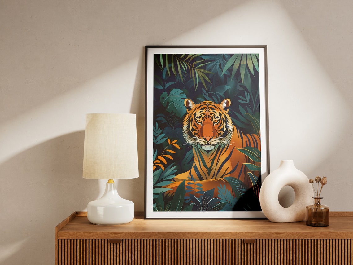 Tiger Jungle Poster Tropical Animal Print Orange Green Wall Art Large Print - Image 2
