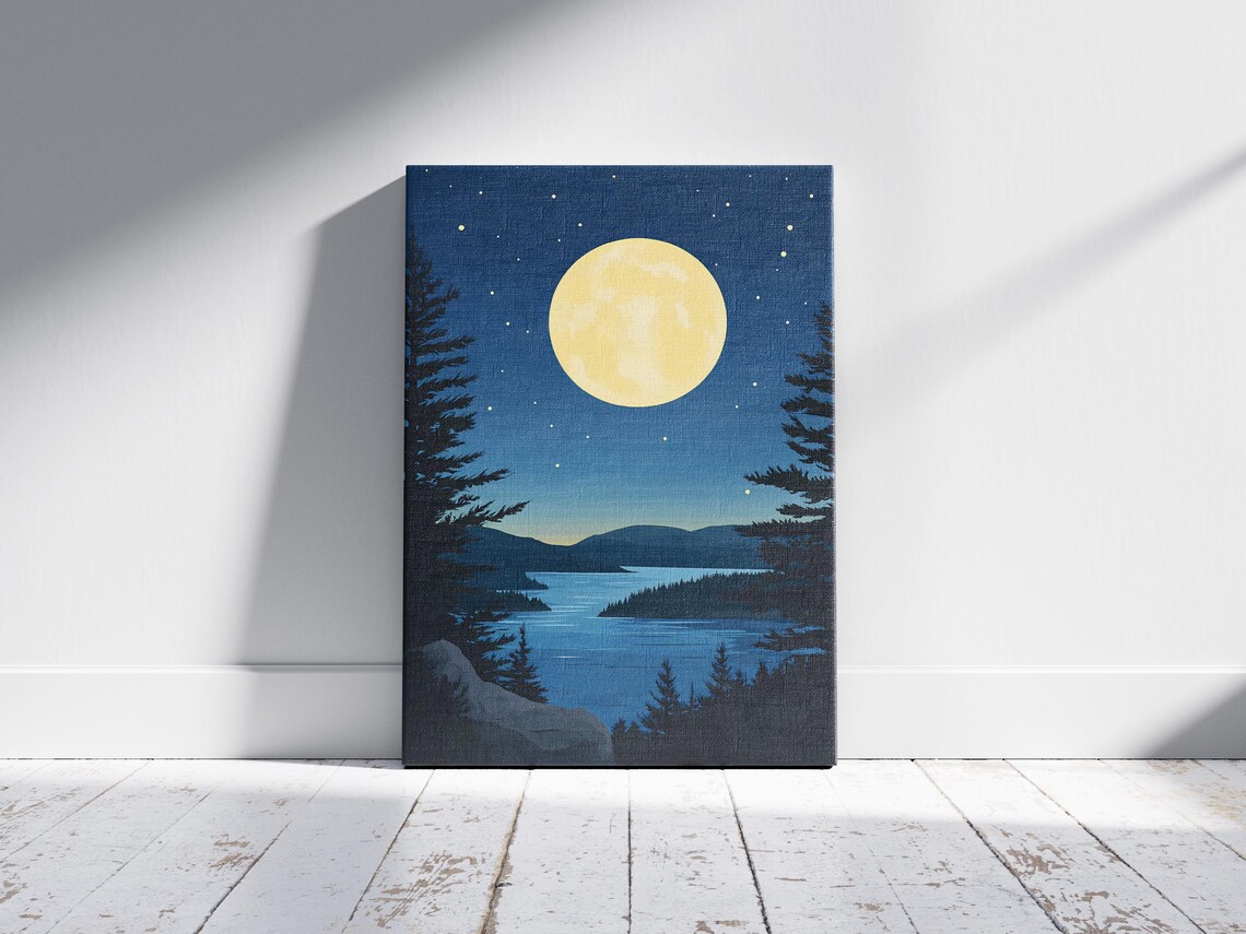 Acadia National Park Maine Moonlit Lake Starry Night Vintage Travel Poster - Image 2