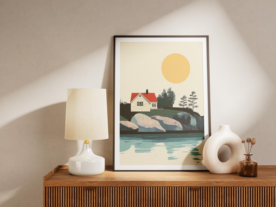 Stockholm Archipelago Red Cottage Golden Sun Scenic Art Poster - Image 5