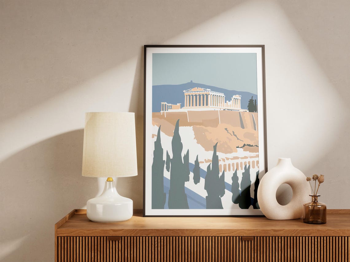 Athens Acropolis with Cypress Trees Under a Soft Blue Sky Poster - Image 5