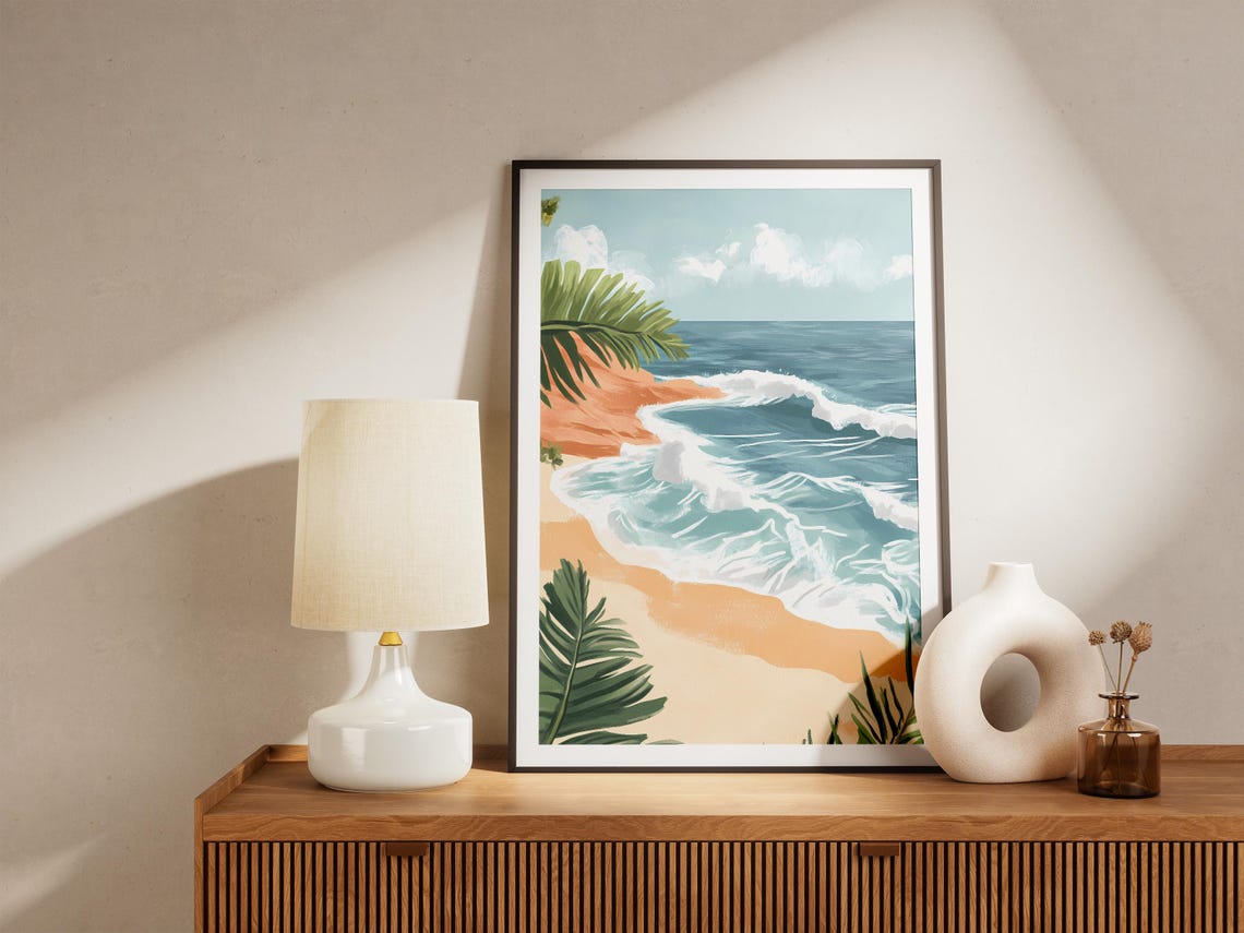 Tropical Beach Wave Curling Turquoise Ocean Palm Leaf Art Poster - Image 5
