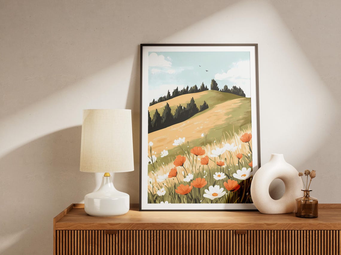 Spring Wildflower Hillside Orange Poppies Daisies Meadow Art Poster - Image 4