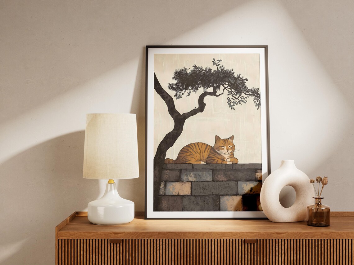 Sleeping Orange Tabby Cat on Stone Wall Beneath a Black Pine Art Poster - Image 5