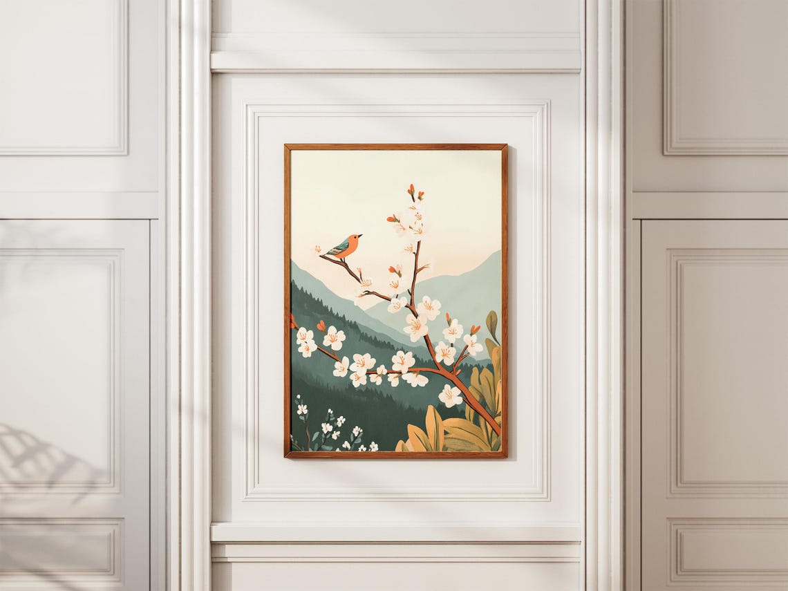 White Blossom Branch With Orange Bird Mountain Spring Poster - Image 2