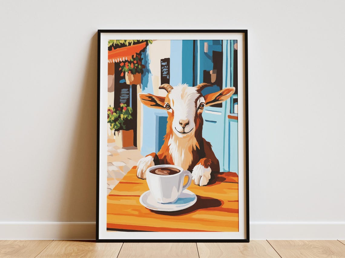 Smiling Goat with Coffee at a Sunny Mediterranean Street Cafe Poster