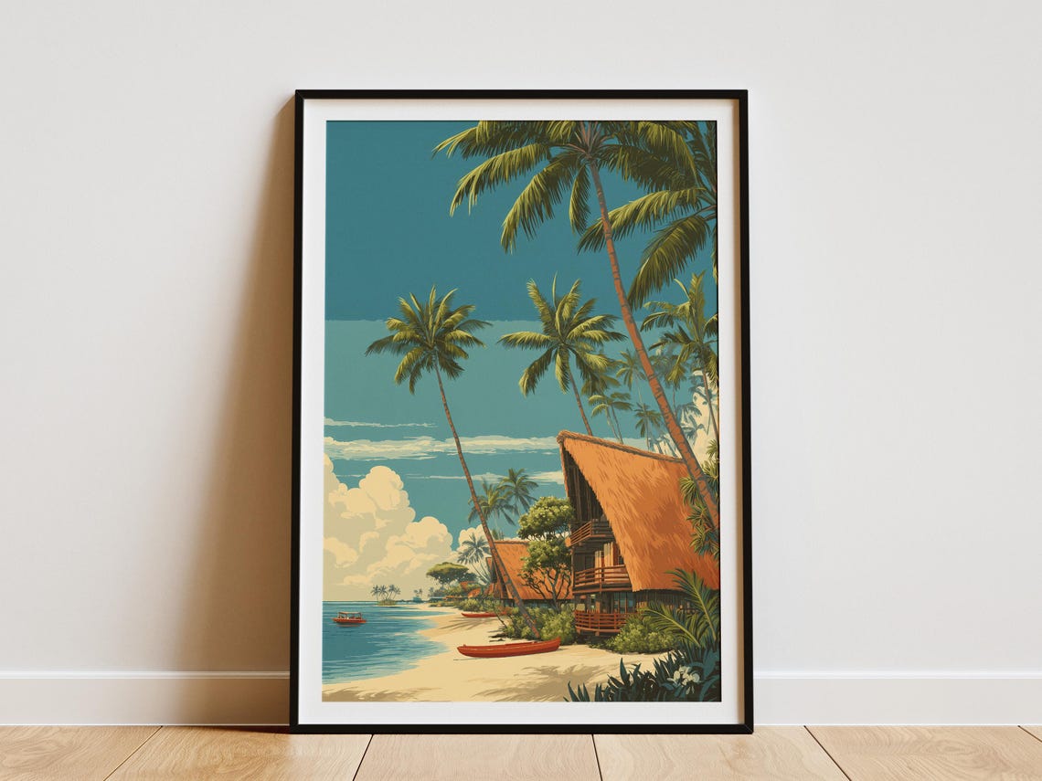 Vintage Hawaiian Beach Village Palm Trees Retro Travel Poster