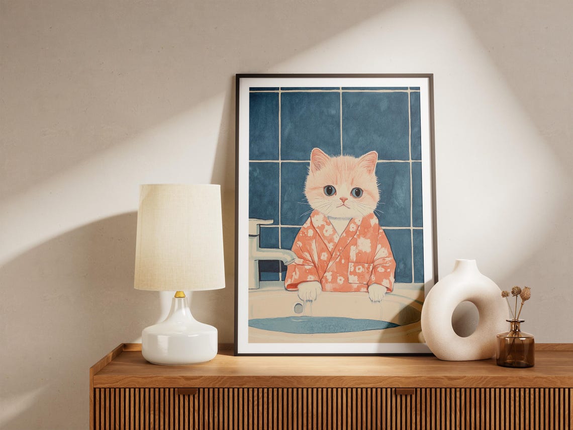 Cream Kitten in Floral Bathrobe at Sink Cute Bathroom Poster - Image 4