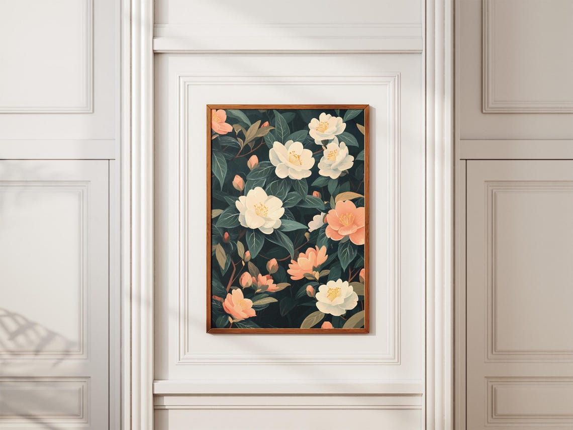 White Camellia Blossoms Dark Elegant Botanical Flower Poster - Image 2