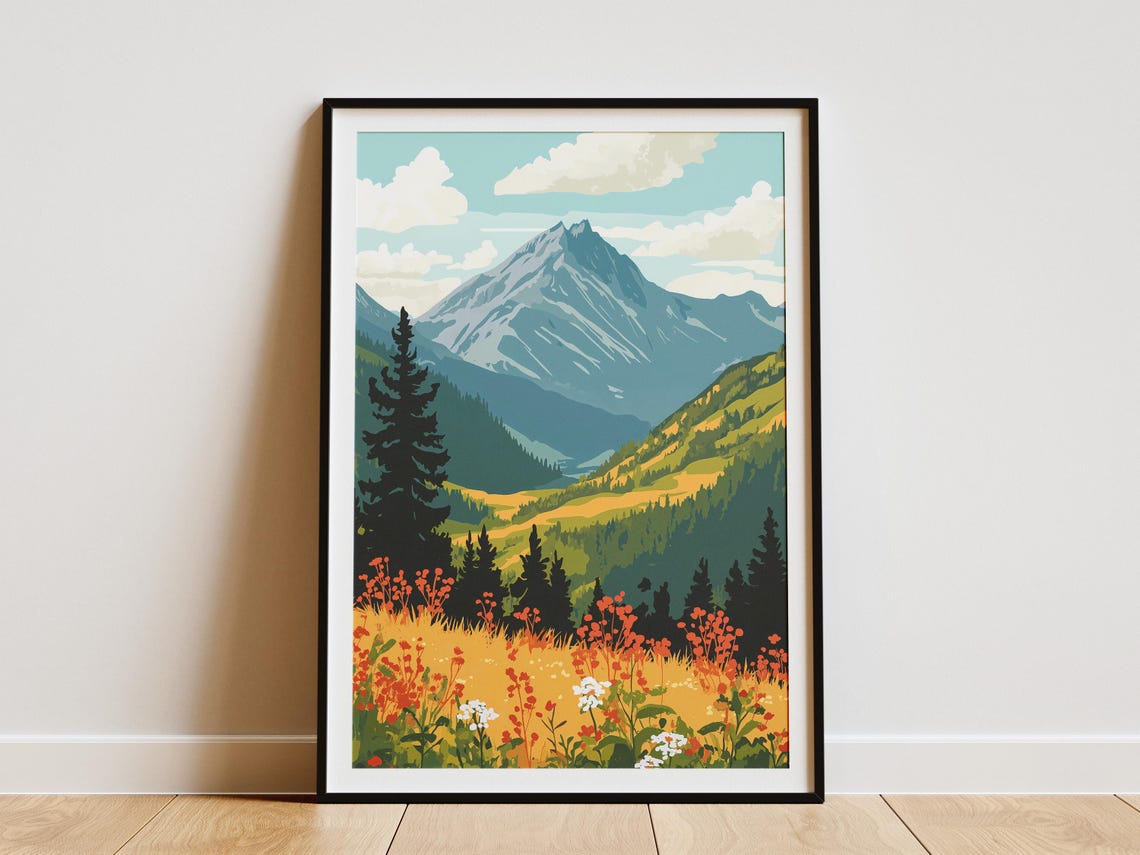 Caucasus Mountains Snowy Peak Wildflower Meadow Pines Poster