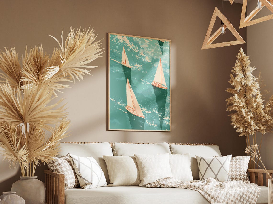Sailboats Casting Reflections on Sparkling Teal Water Poster - Image 3