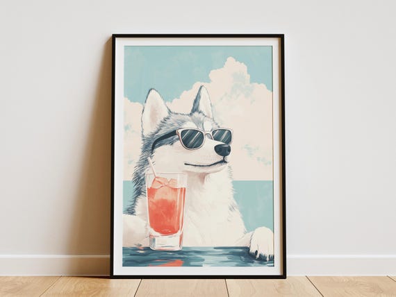 Cool Husky Dog Summer Beach Cocktail Print Art Poster Pet Lover Gift Funny Animal Cute Wall Decor Modern