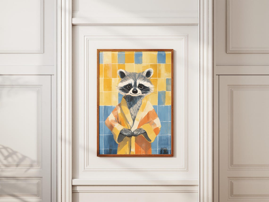 Raccoon In Yellow And Orange Bathrobe Funny Bathroom Wall Poster - Image 2