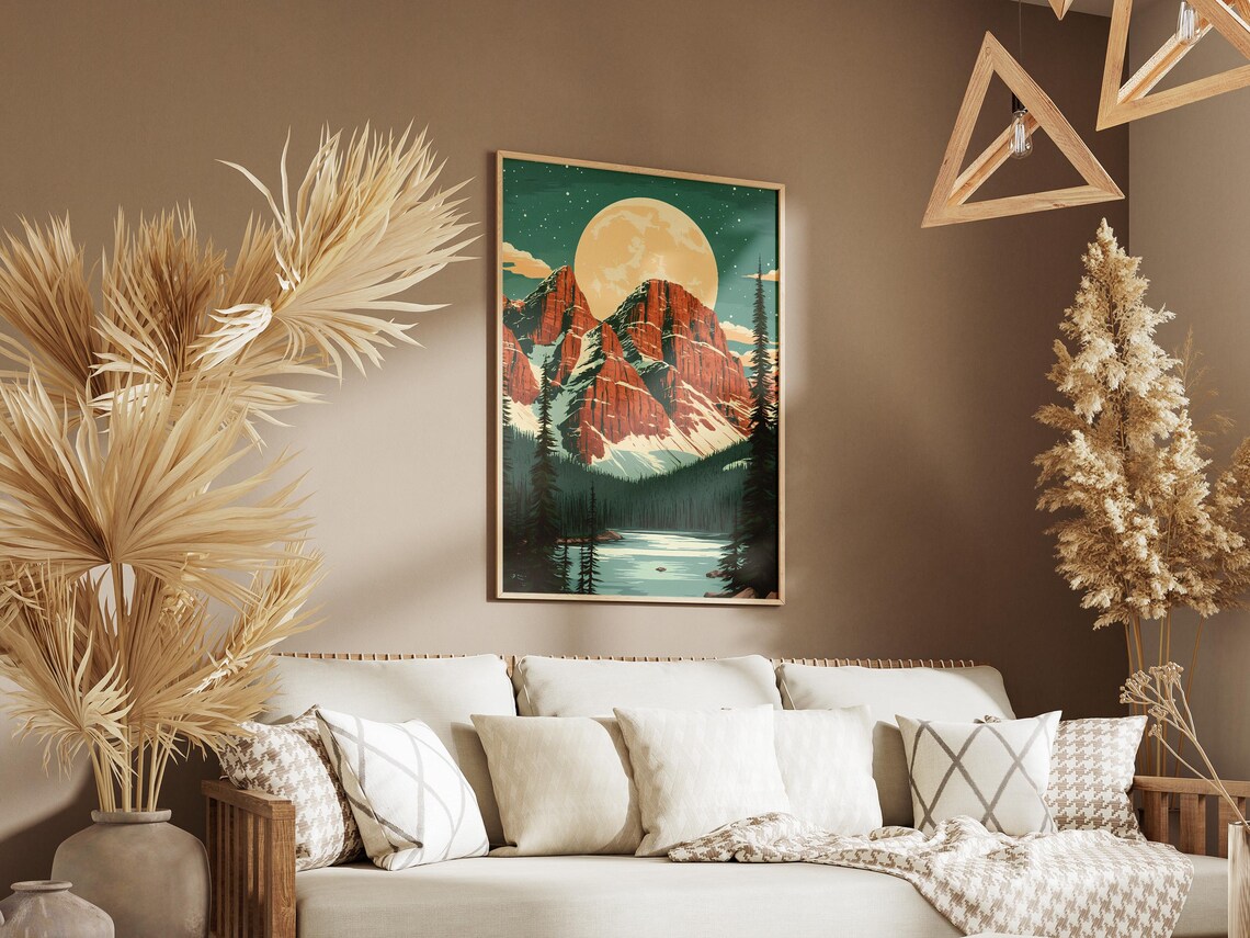 Full Moon Rising Over Snow Capped Rocky Mountain Lake Poster - Image 3
