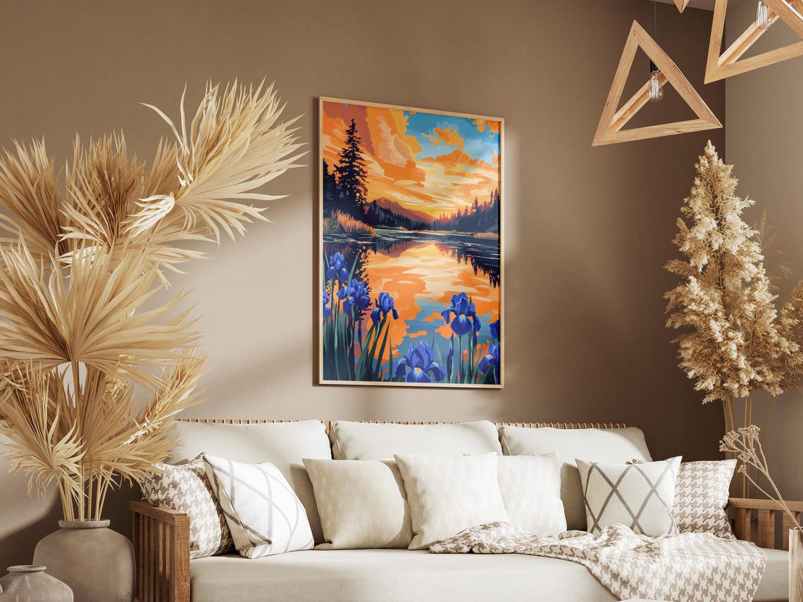 Blue Irises Lake Reflection Sunset Dramatic Landscape Poster - Image 3