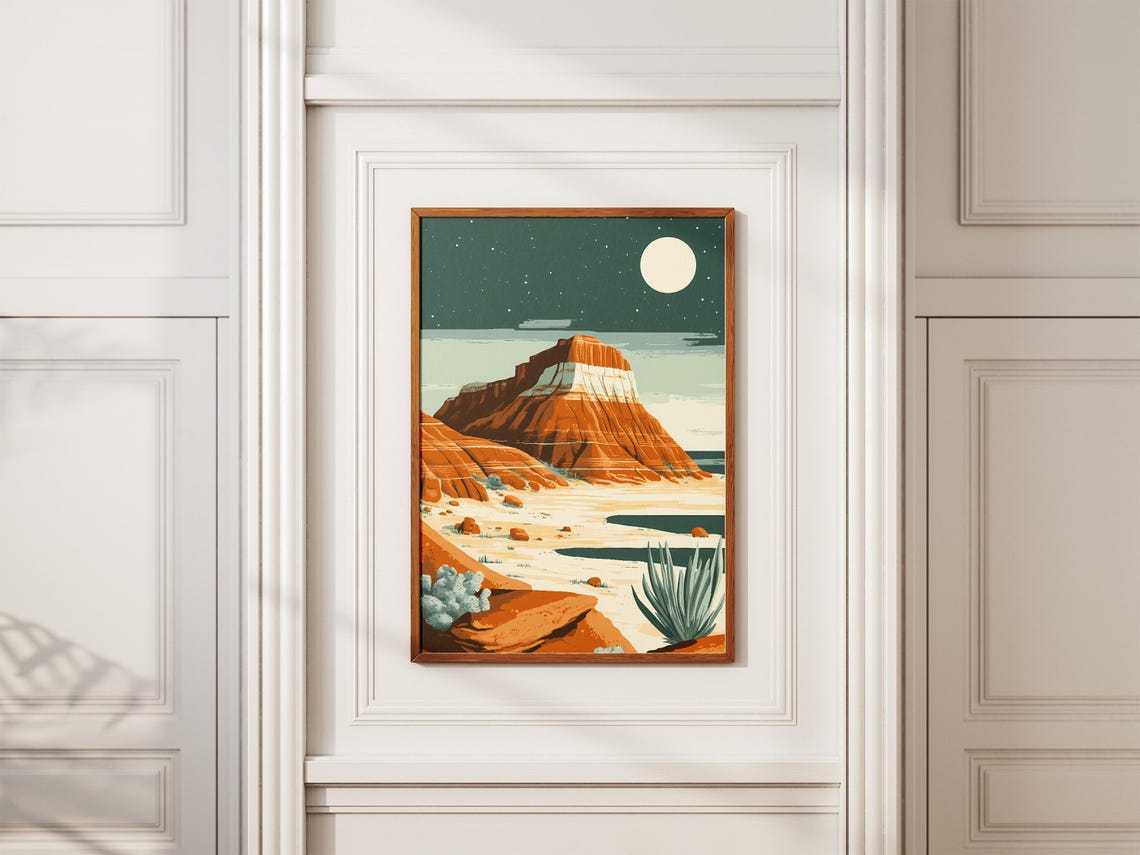 Petrified Forest Red Mesa Under a Moonlit Starry Night Sky Poster - Image 2