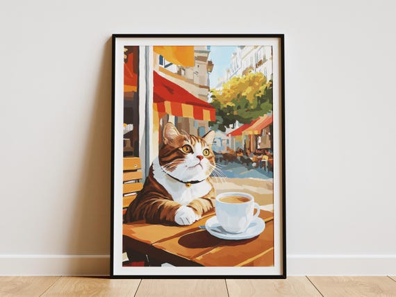 Scottish Fold Cat Art Print Cozy Cafe Poster Coffee Lover Gift Parisian Decor Whimsical Wall Cute Animal Society Painting