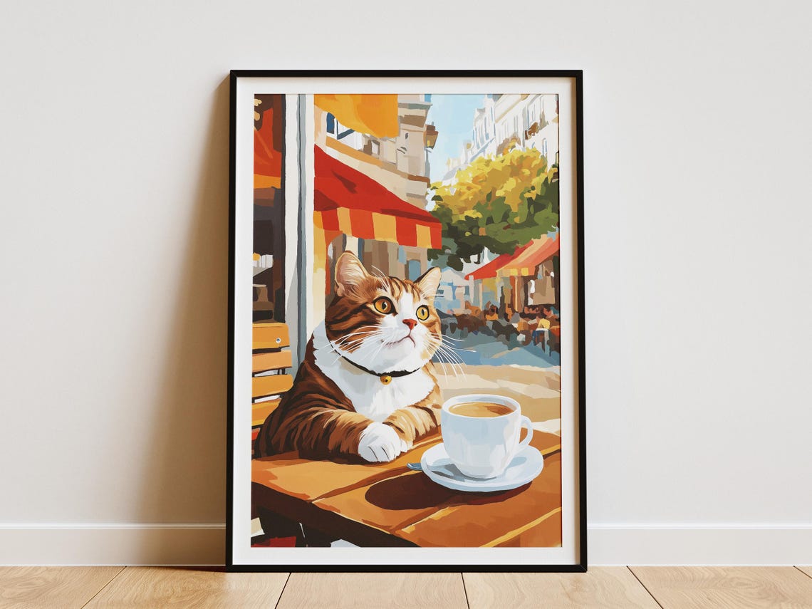 Tabby Cat With Bell Collar At A Parisian Cafe Terrace Poster