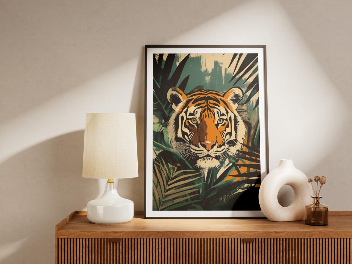 Tiger Face Emerging From Lush Jungle Leaves Retro Style Poster - Image 4