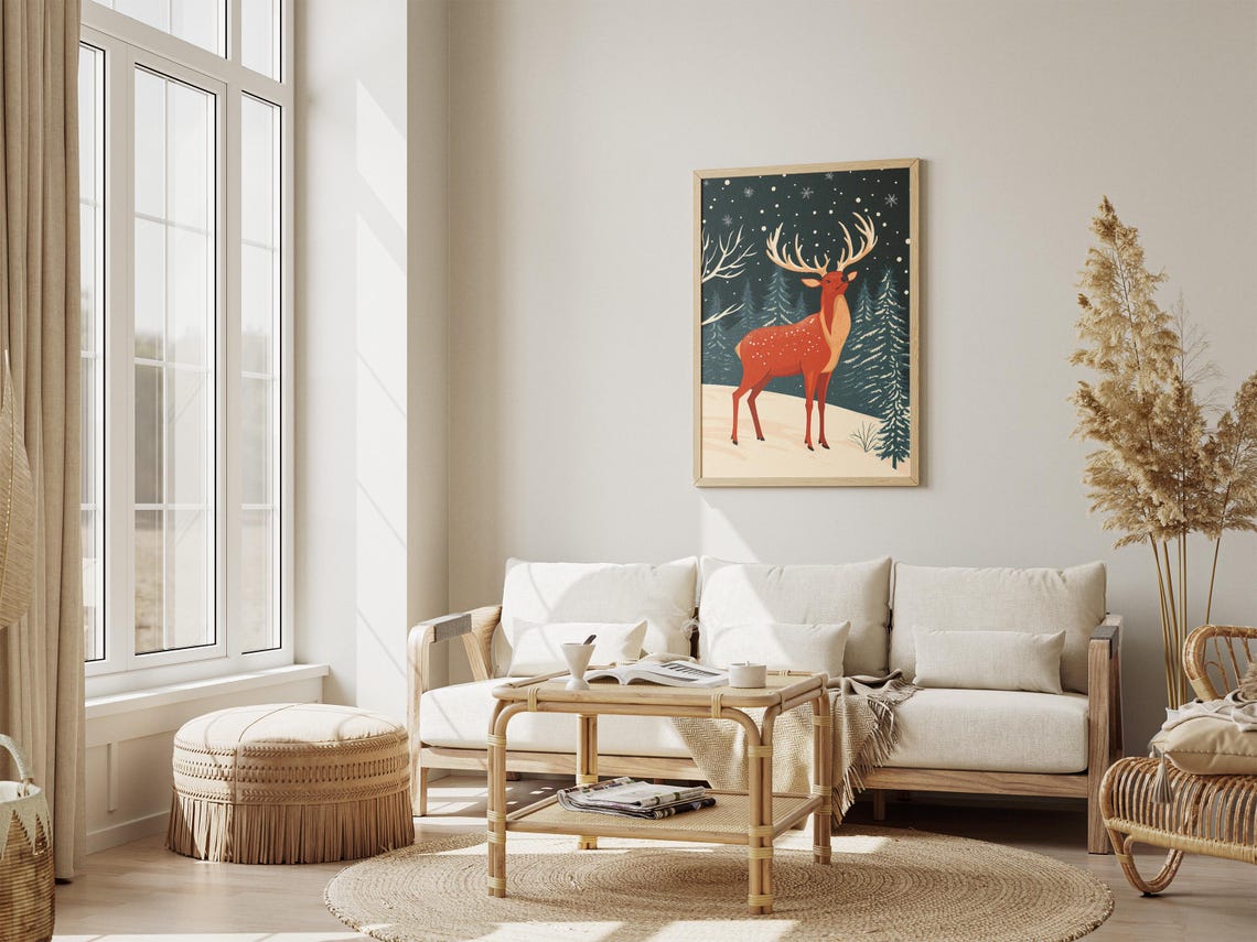 Red Christmas Deer in Snowy Forest Poster with Falling Snowflakes - Image 4