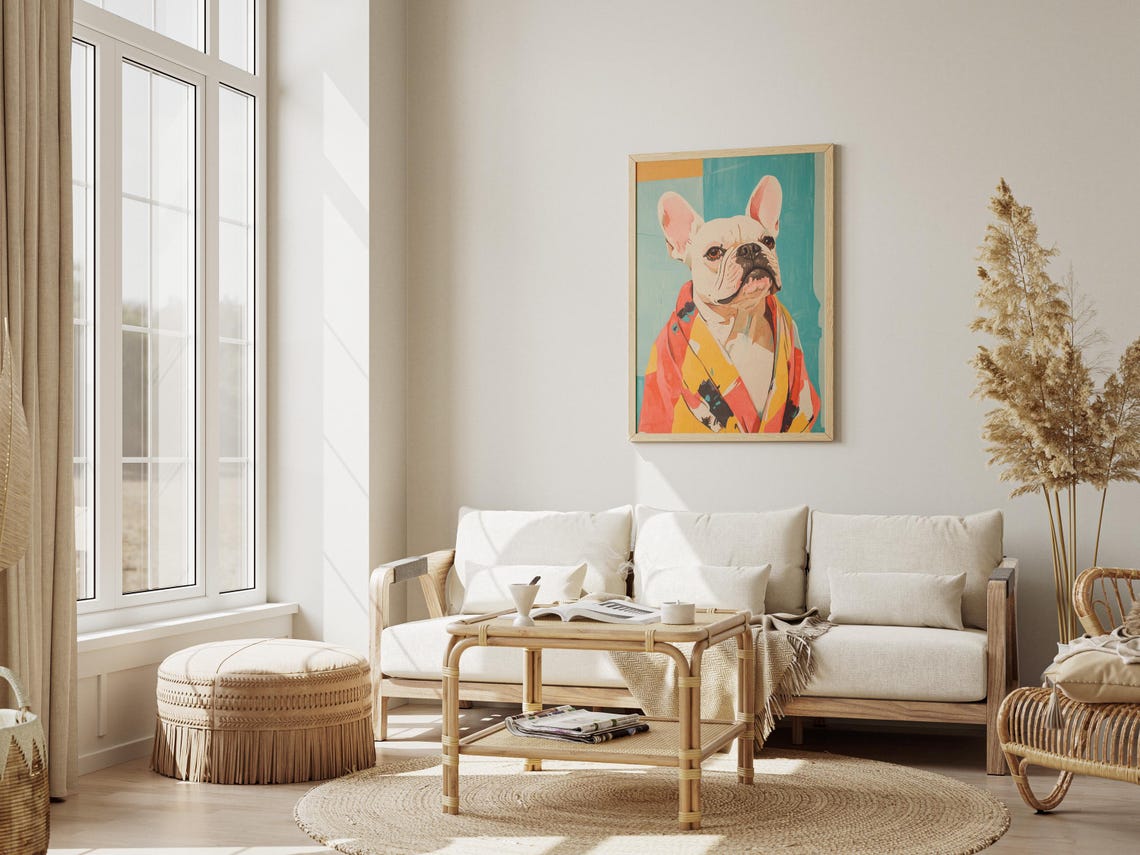 French Bulldog Red Patterned Bathrobe Teal Modern Cute Dog Art Poster - Image 3