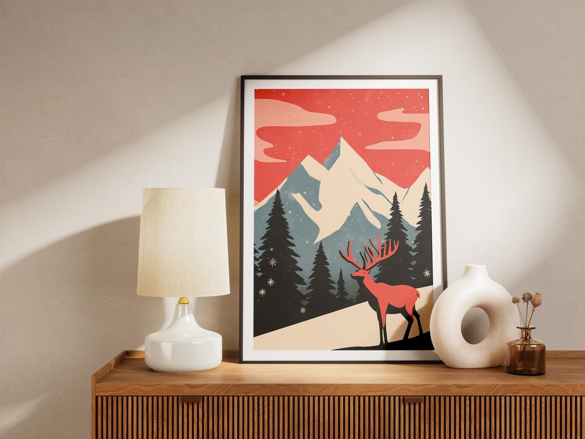 Denali Red Elk Standing in Snow Under a Deep Red Sky Art Poster - Image 5