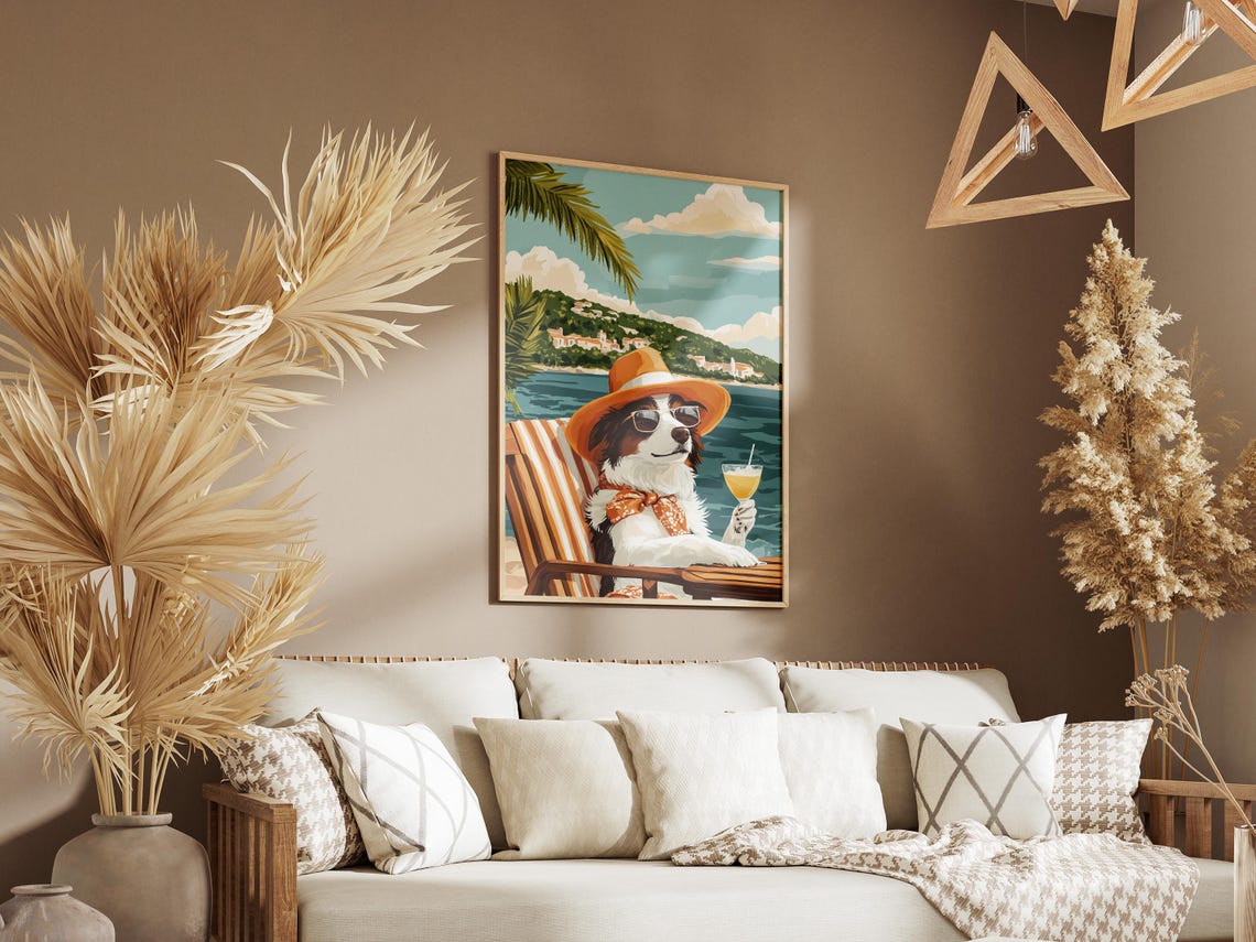 Coastal Dog Poster Summer Beach Dog Art Print Dog In Sunglasses Cute Dog Print Funny Dog Poster Border Collie Art Dog Lover Gift Pet - Image 3