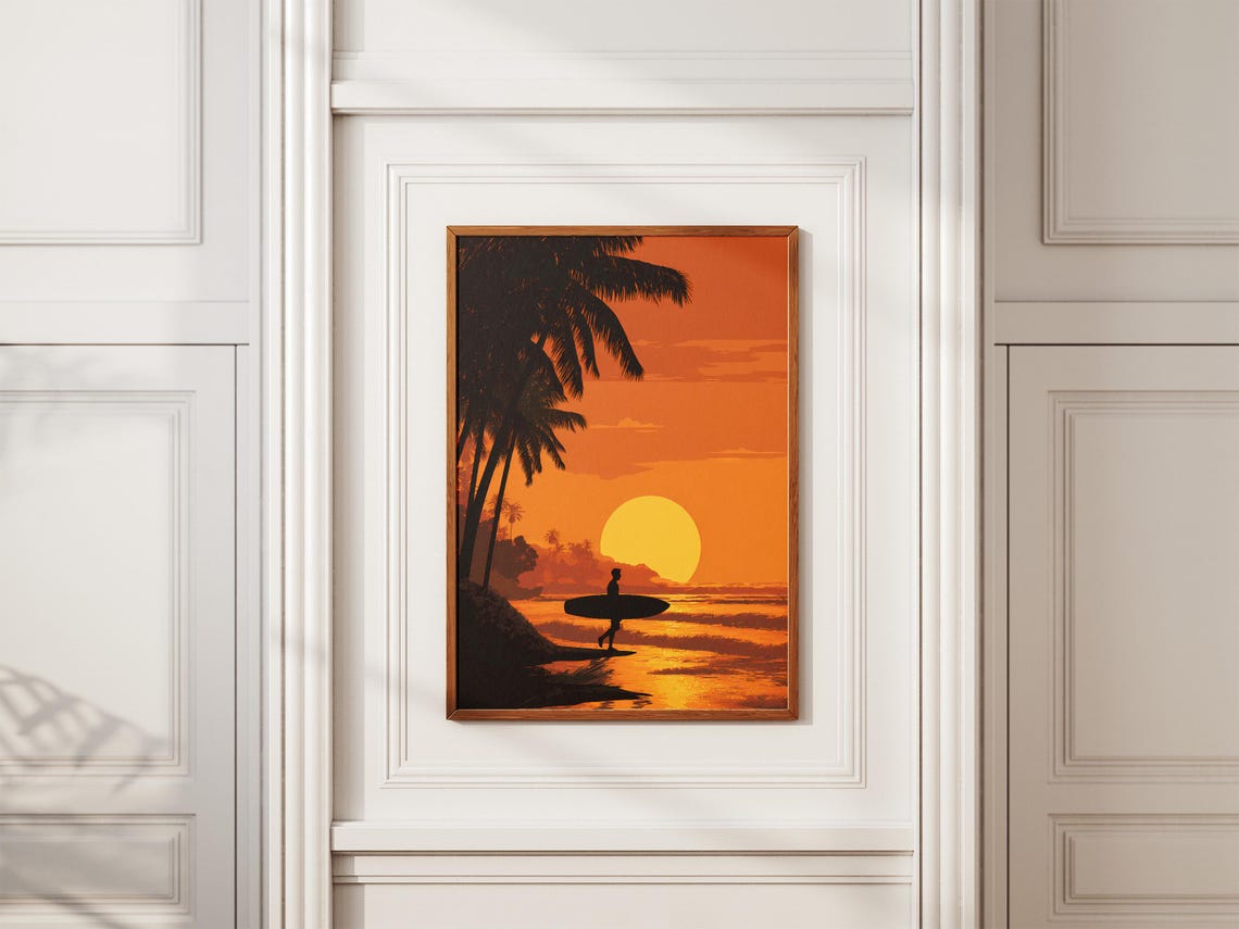 Golden Hour Surfer Sunset Palm Trees Silhouette Beach Art Poster - Image 2