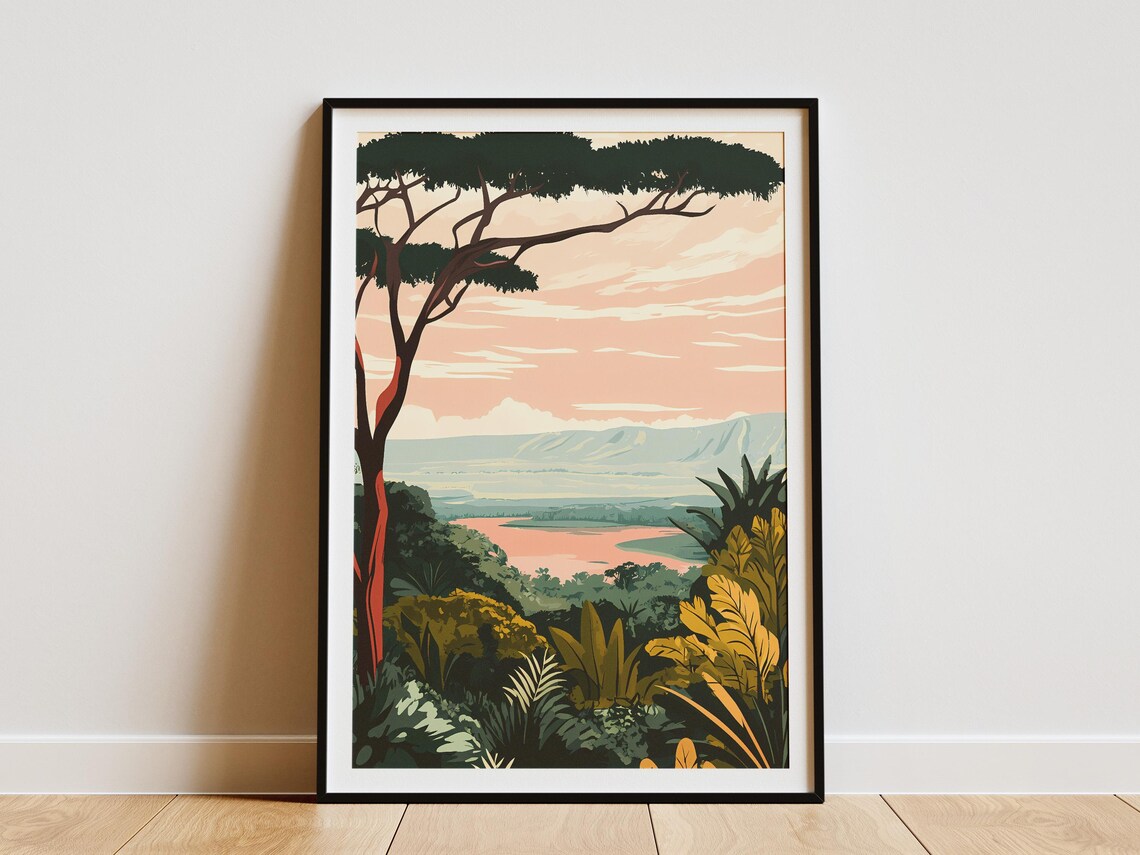 Lake Manyara Tanzania Pink Safari Sunset Vintage Travel Decor Poster