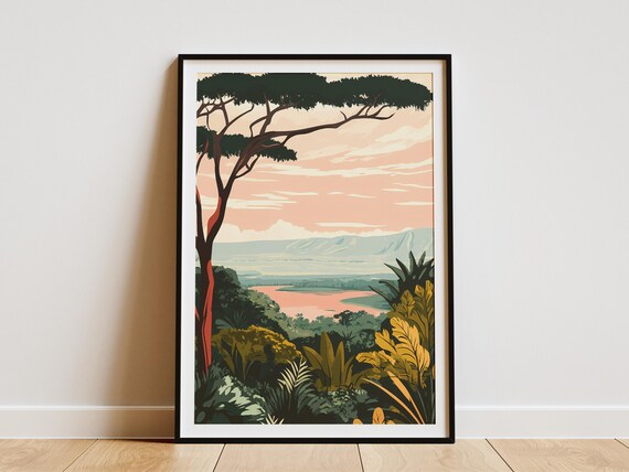 Lake Manyara Tanzania Pink Safari Sunset Vintage Travel Decor Poster