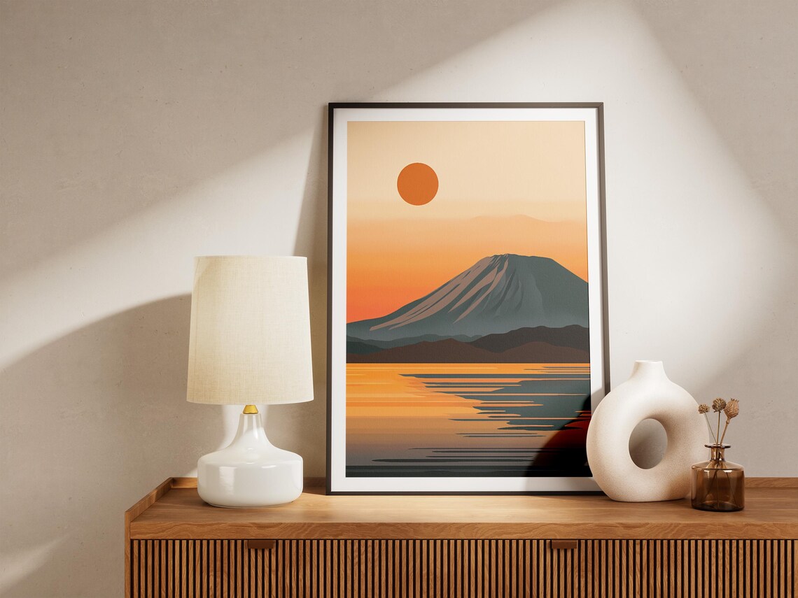 Mount Fuji Japan Sunset with Blazing Orange Sun Over Lake Poster - Image 5