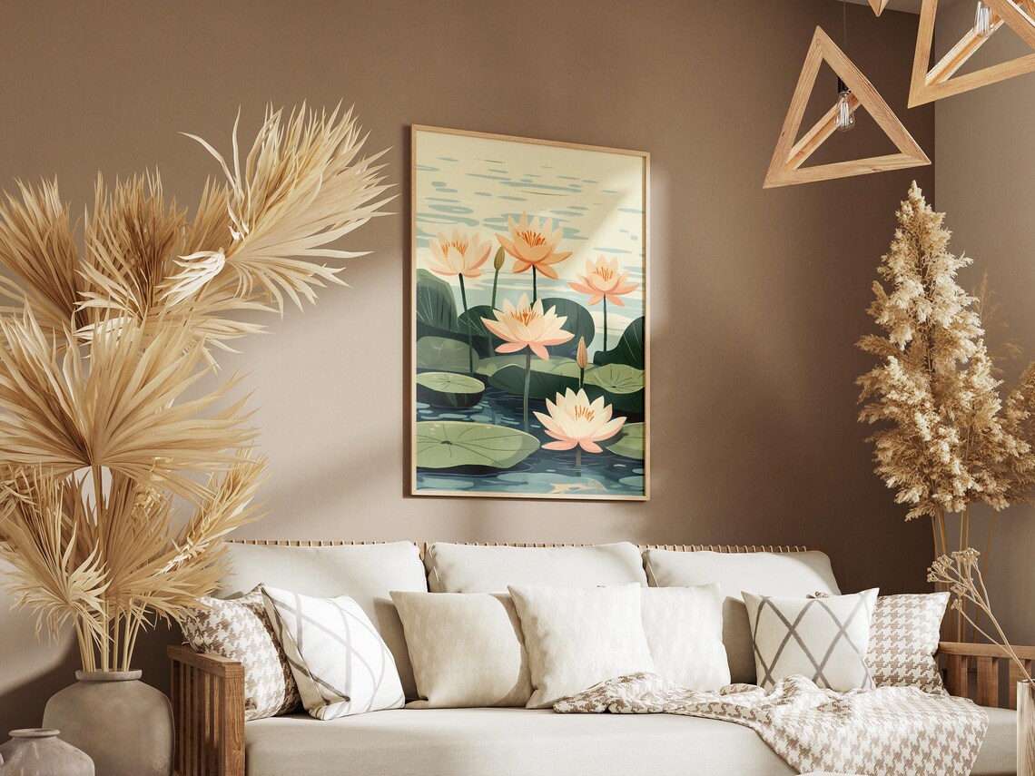 Peach Water Lilies On Tranquil Pond Botanical Peaceful Poster - Image 3