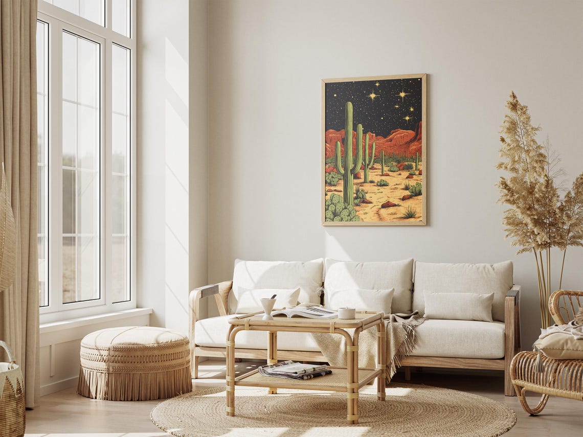 Saguaro Cactus Desert Under A Starry Night Sky Vintage Poster - Image 4