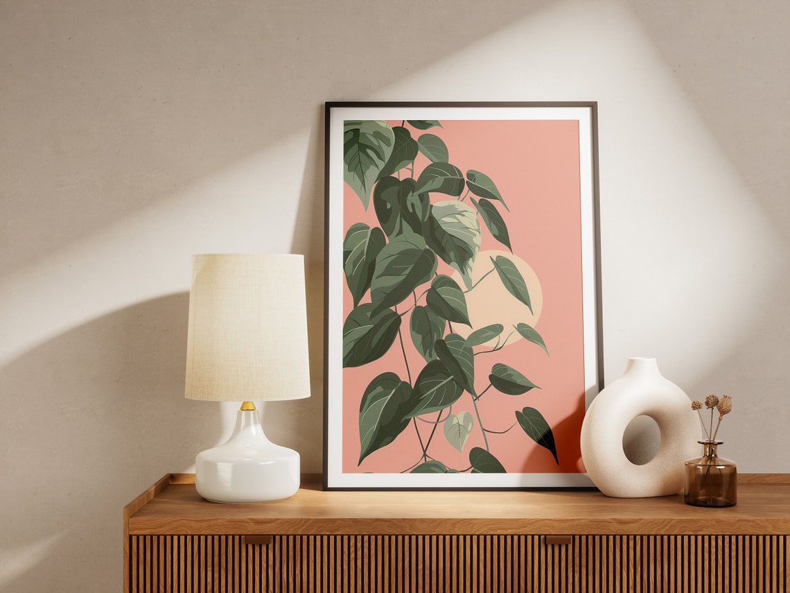 Trailing Heart Leaf Vine Coral Pink Minimalist Botanical Nature Poster - Image 2