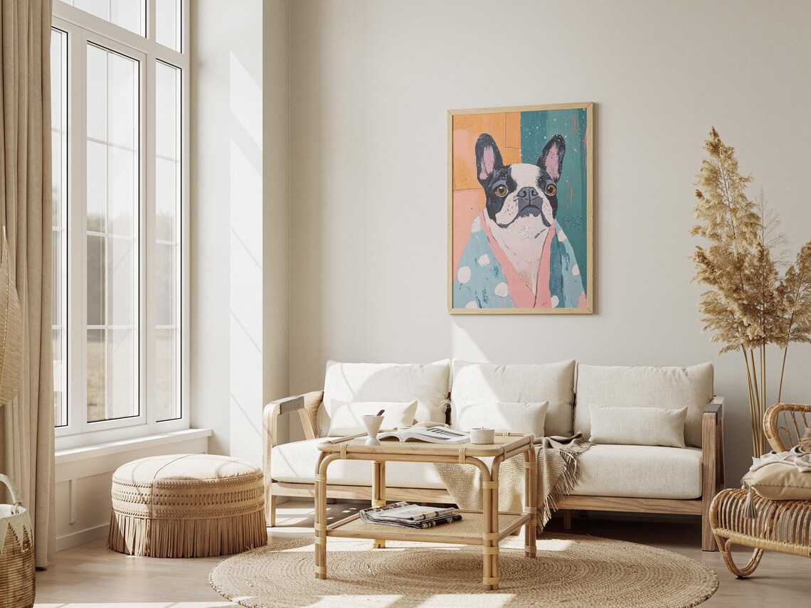 Boston Terrier Puppy Polka Dot Bathrobe Cute Modern Dog Art Poster - Image 3