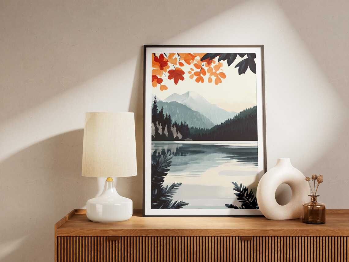 Misty Mountain Lake With Falling Autumn Leaves Landscape Art Poster - Image 5