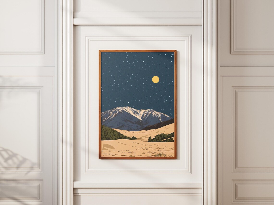 Great Sand Dunes Colorado Moonlit Desert Mountain Starry Night Art Poster - Image 2