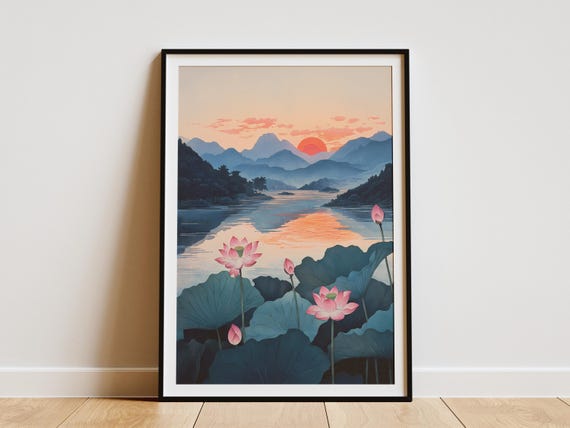 Pond Sunset Landscape Poster Asian Art Print Japanese Zen Garden Wall Decor Serene Nature Scene Tranquil Water Lily Botanical