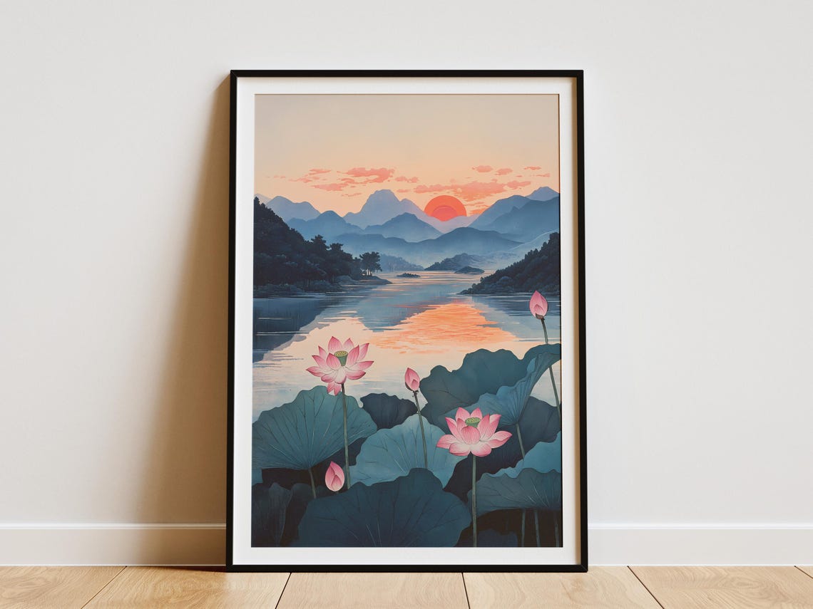 Serene Sunset Lotus Pond Over Japanese Mountains Landscape Poster
