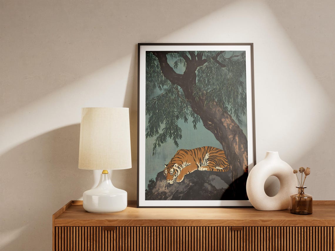 Resting Tiger Under Banyan Tree Vintage Asian Wildlife Art Poster - Image 5