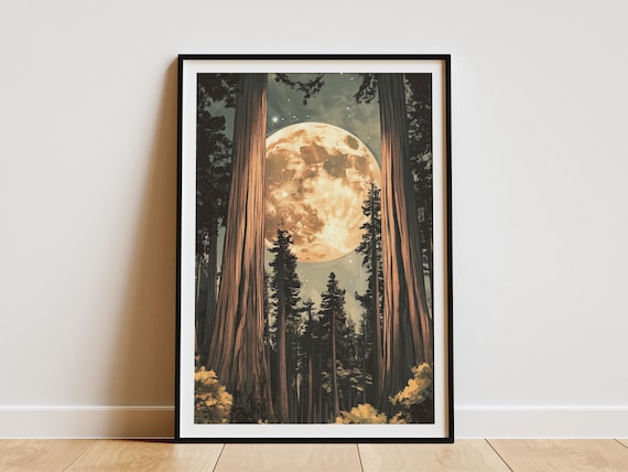 Redwood Forest Giant Trees Full Moon Night National Park Art Poster