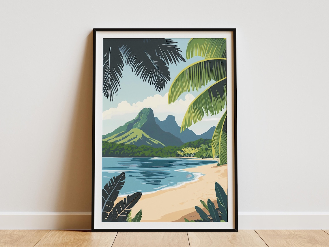 Tropical Bay with Palm Fronds and Volcanic Peaks Travel Poster