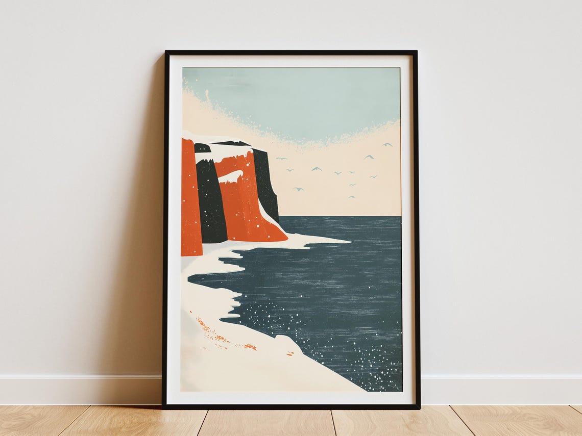 Snowy Orange Cliffs Above a Dark Winter Sea Minimalist Poster