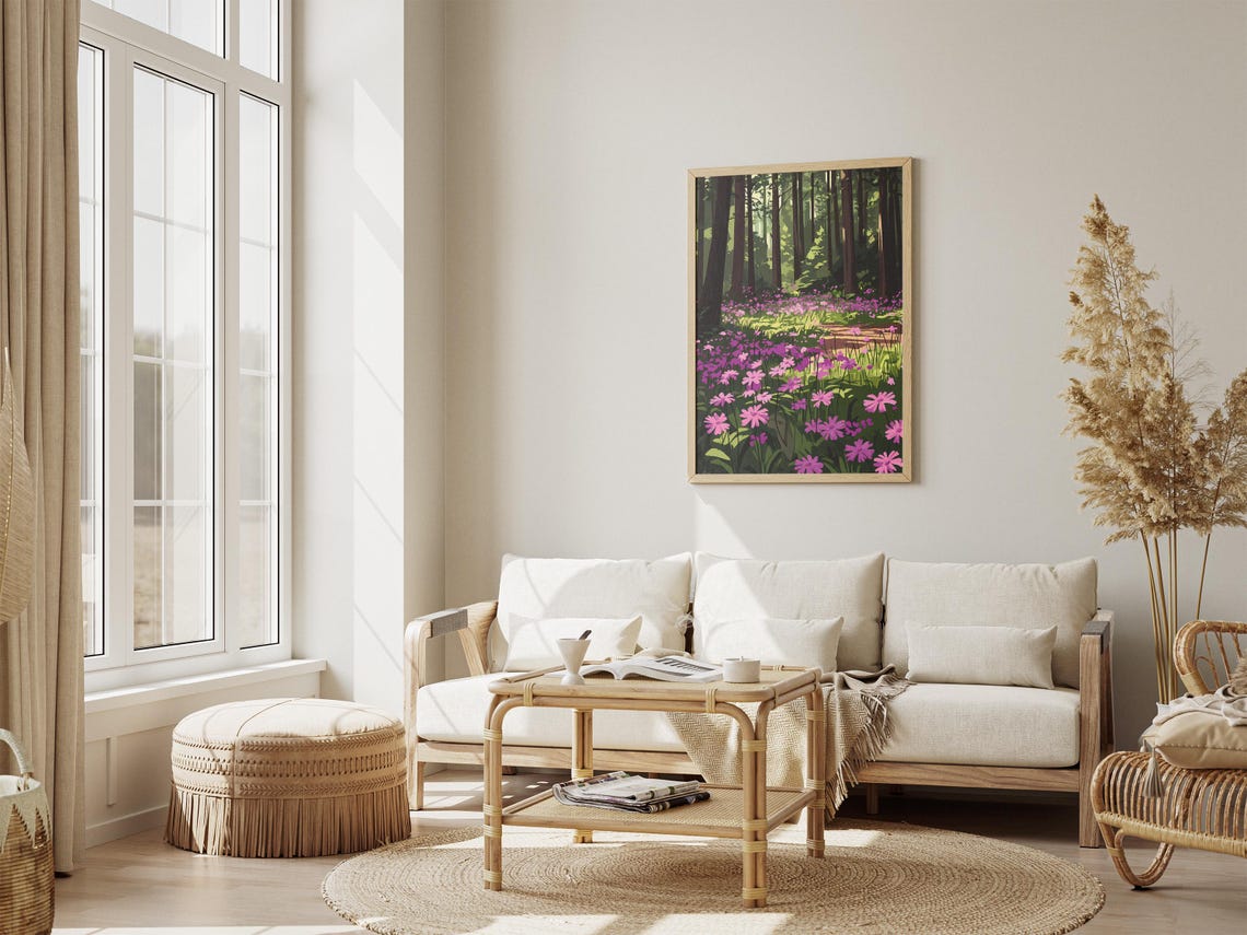 Pink Wildflowers in a Sunlit Pine Forest Clearing Poster in Spring - Image 4